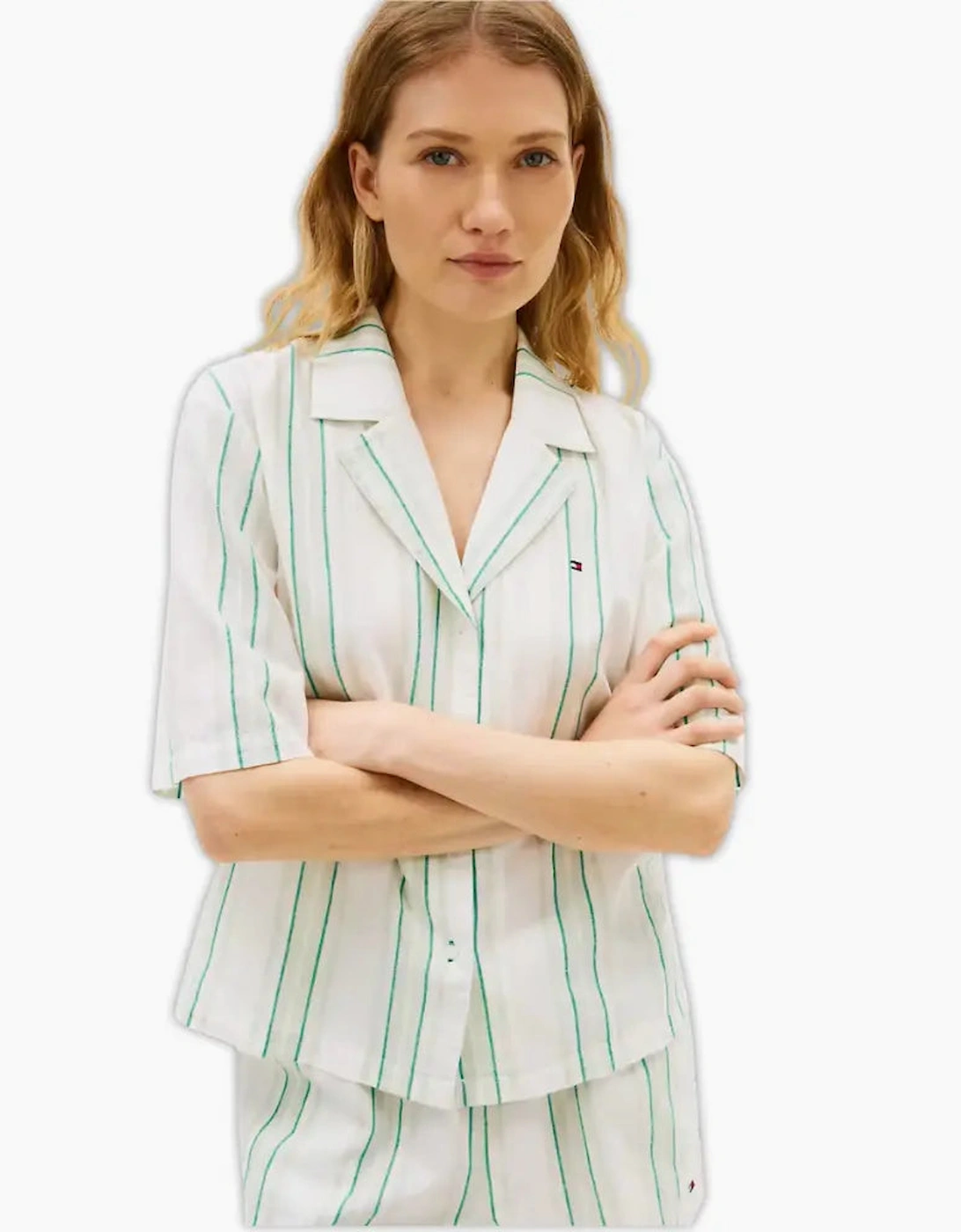 TH Essentials Shirt & Shorts Line Pyjama Set, Tennis Court Green Stripe