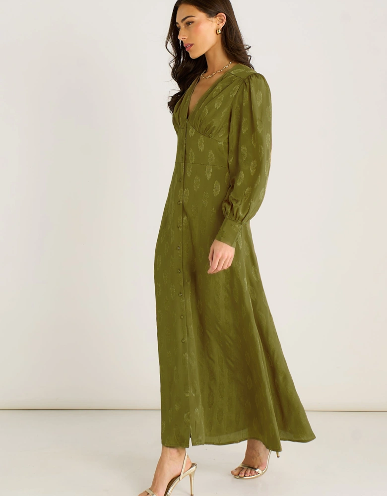 Green Long Sleeve Floral Satin Jacquard Maxi Dress