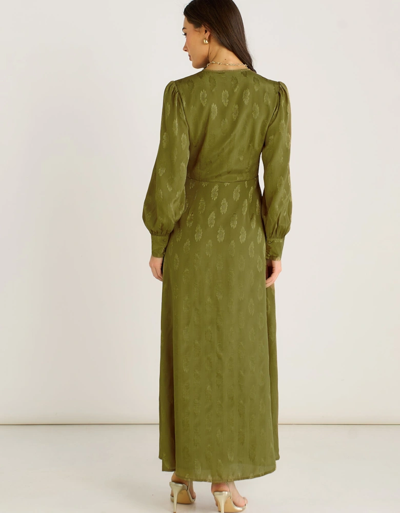 Green Long Sleeve Floral Satin Jacquard Maxi Dress