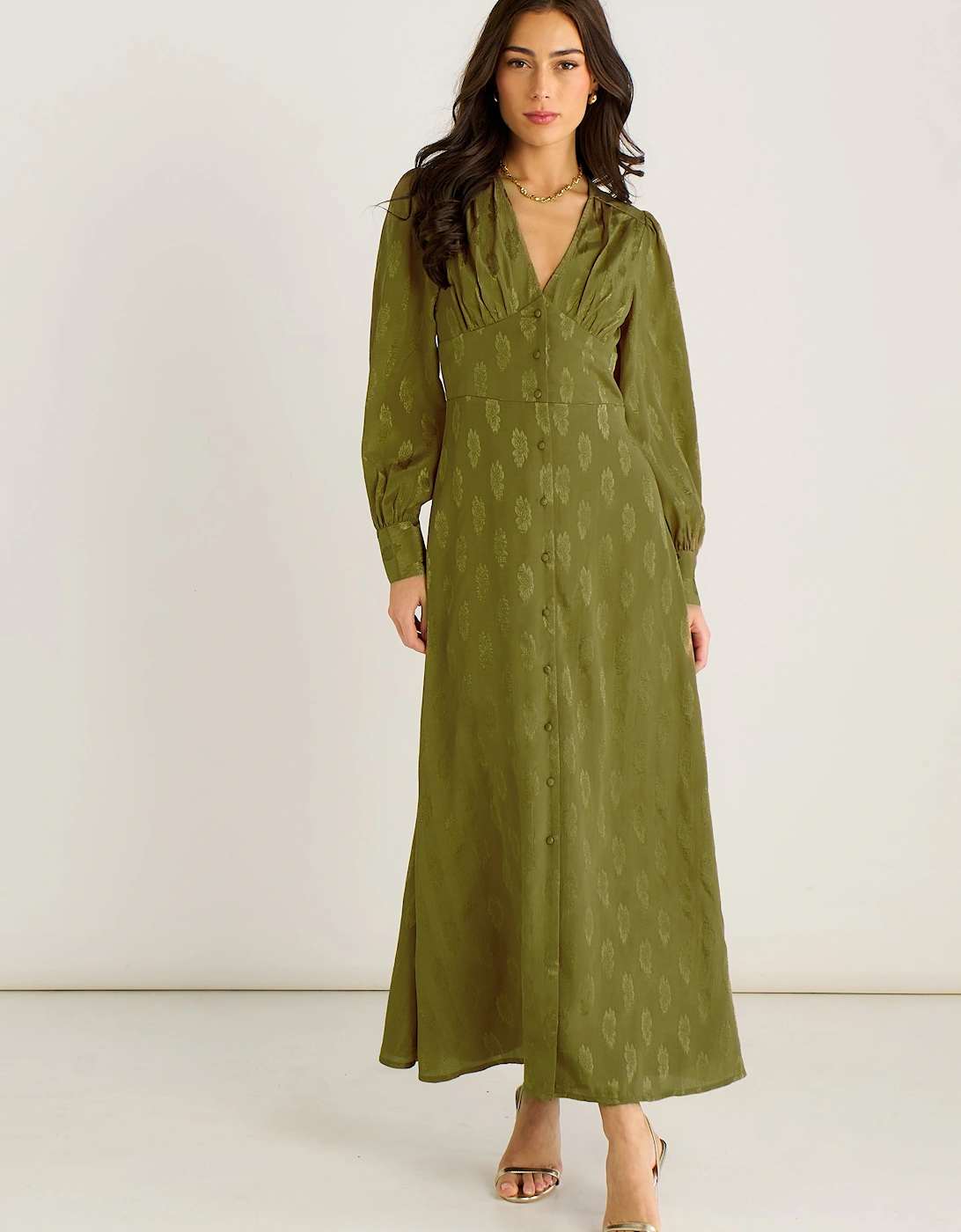 Gini London Women's Tan Green Long Sleeve Floral Satin Jacquard Maxi Dress - Size 14