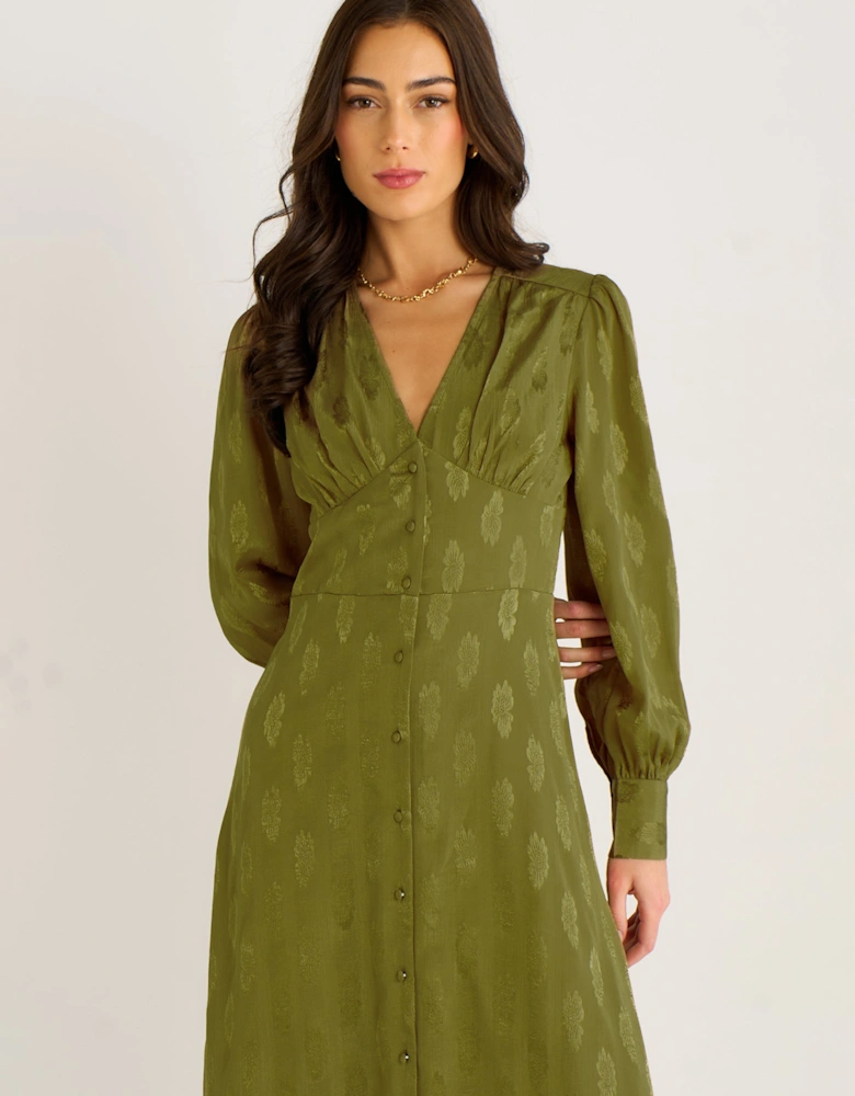 Green Long Sleeve Floral Satin Jacquard Maxi Dress