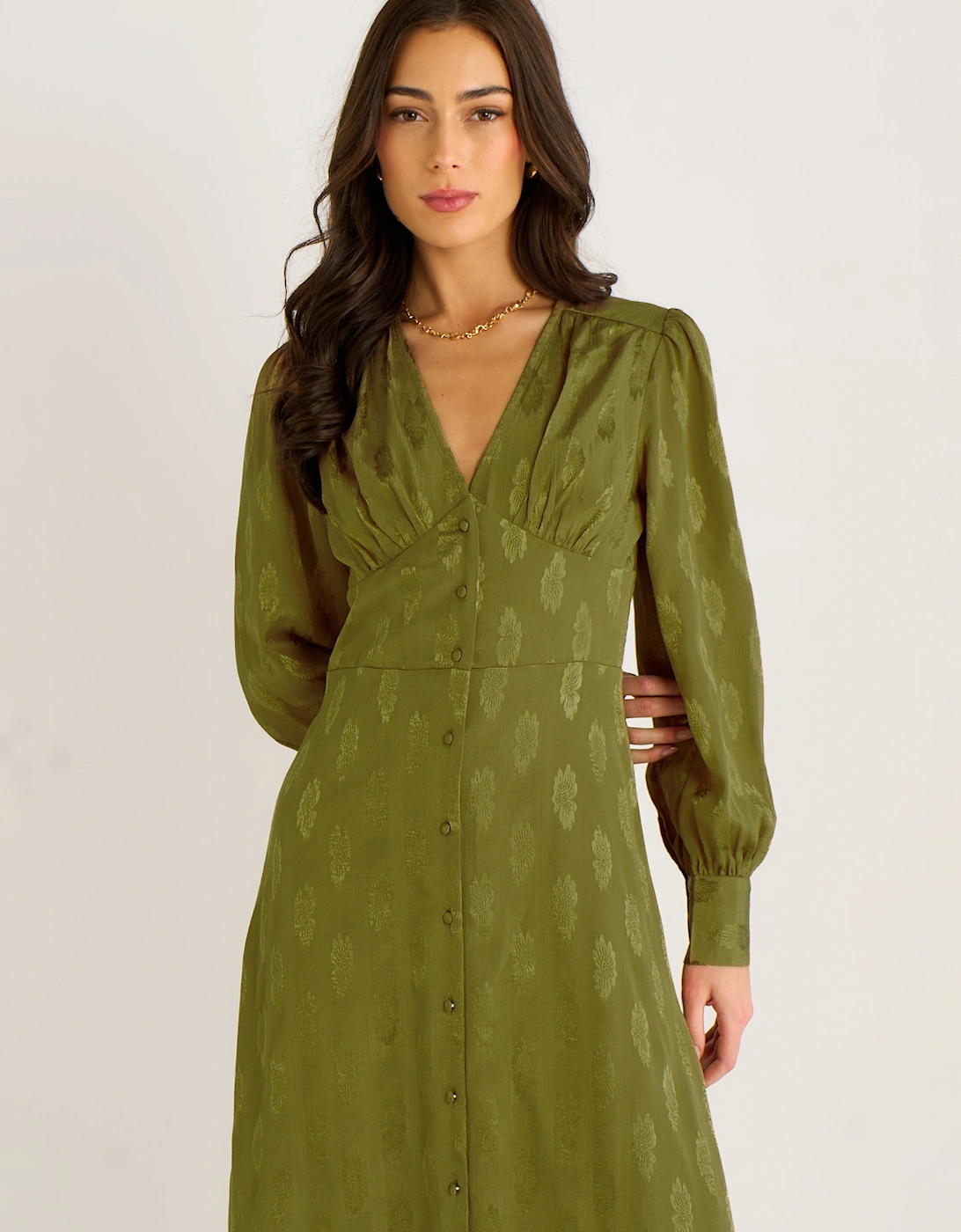 Green Long Sleeve Floral Satin Jacquard Maxi Dress