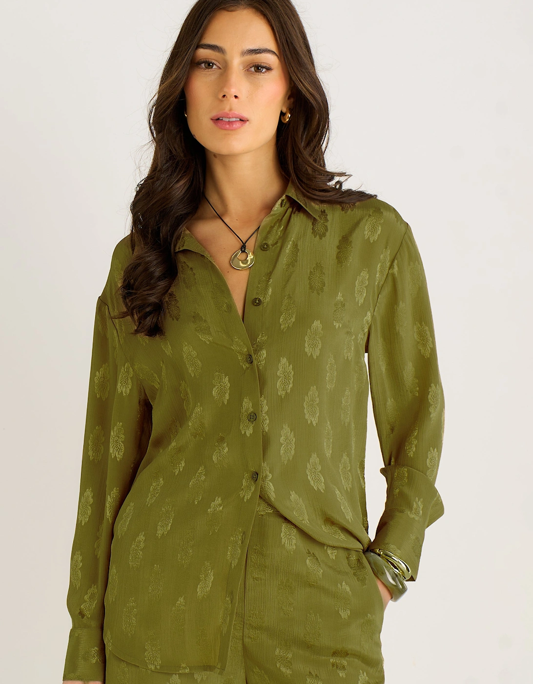 Khaki Floral Satin Jacquard Shirt