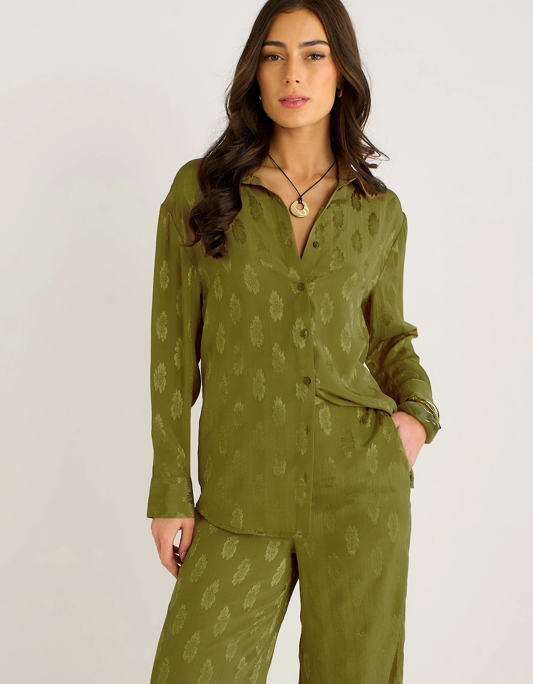 Gini London Women's Tan/Green Khaki Floral Satin Jacquard Shirt - Size 8