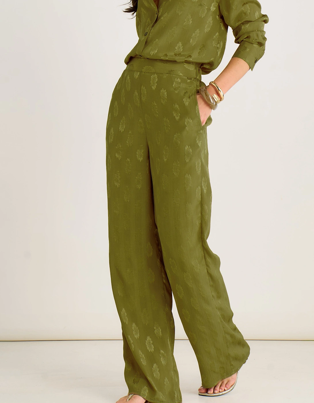 Khaki Floral Satin Jacquard Trousers