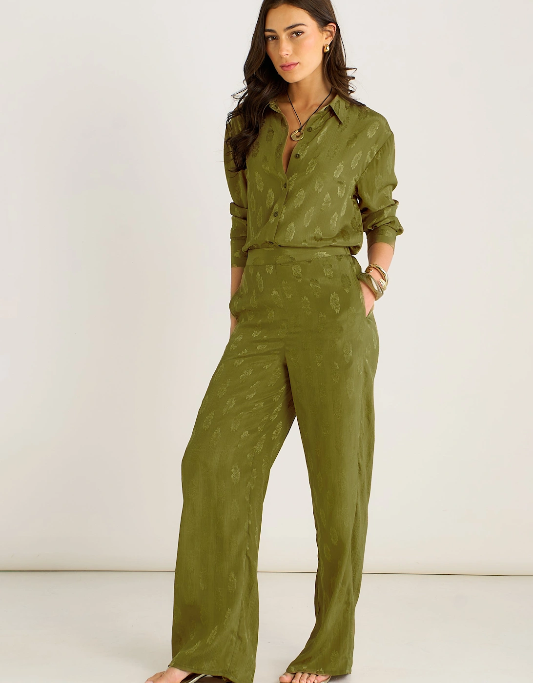 Gini London Women's Tan Khaki Floral Satin Jacquard Trousers - Size 16