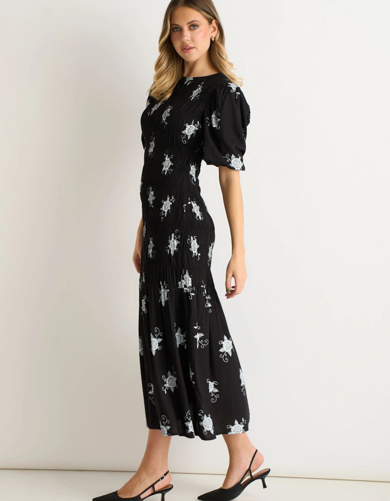 Black 3/4 Sleeves Paisley Ruched Midi Dress