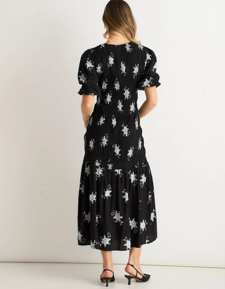 Black 3/4 Sleeves Paisley Ruched Midi Dress