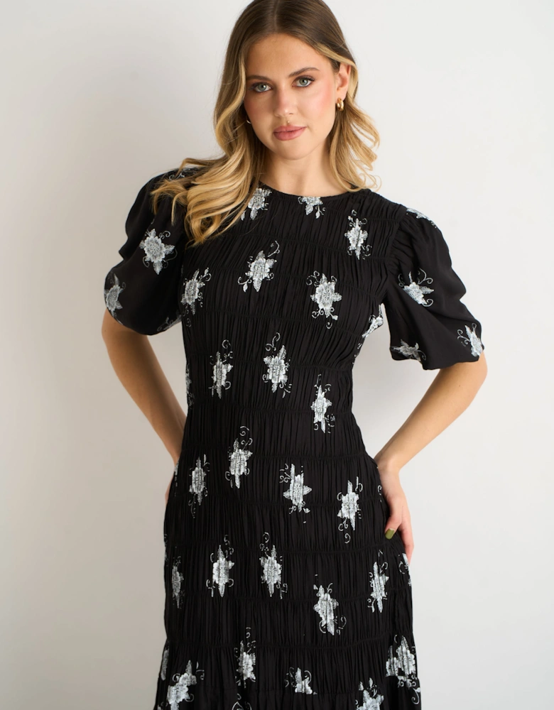 Black 3/4 Sleeves Paisley Ruched Midi Dress