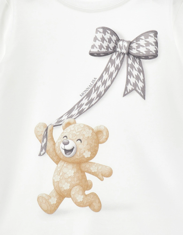 Monnalisa Girls Teddy Bear and Bow T-Shirt in Ivory