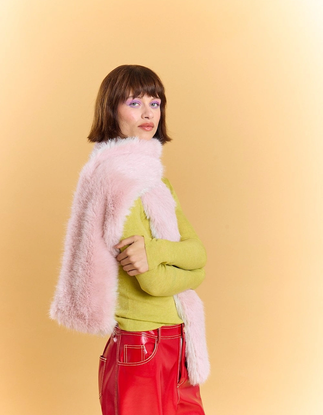 Pink and White Double Sided Metallic Bamboo Daisy Faux Fur Large Scarf