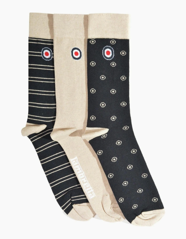 Lambretta Mens 3 Pack Target & Stripe Crew Socks - Navy/Stone - OS