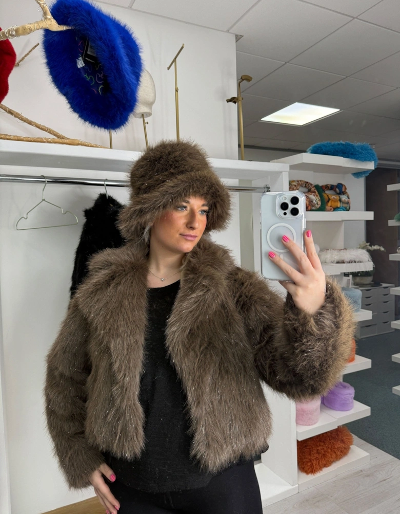 Brown Bamboo Sparkle Faux Fur Jacket