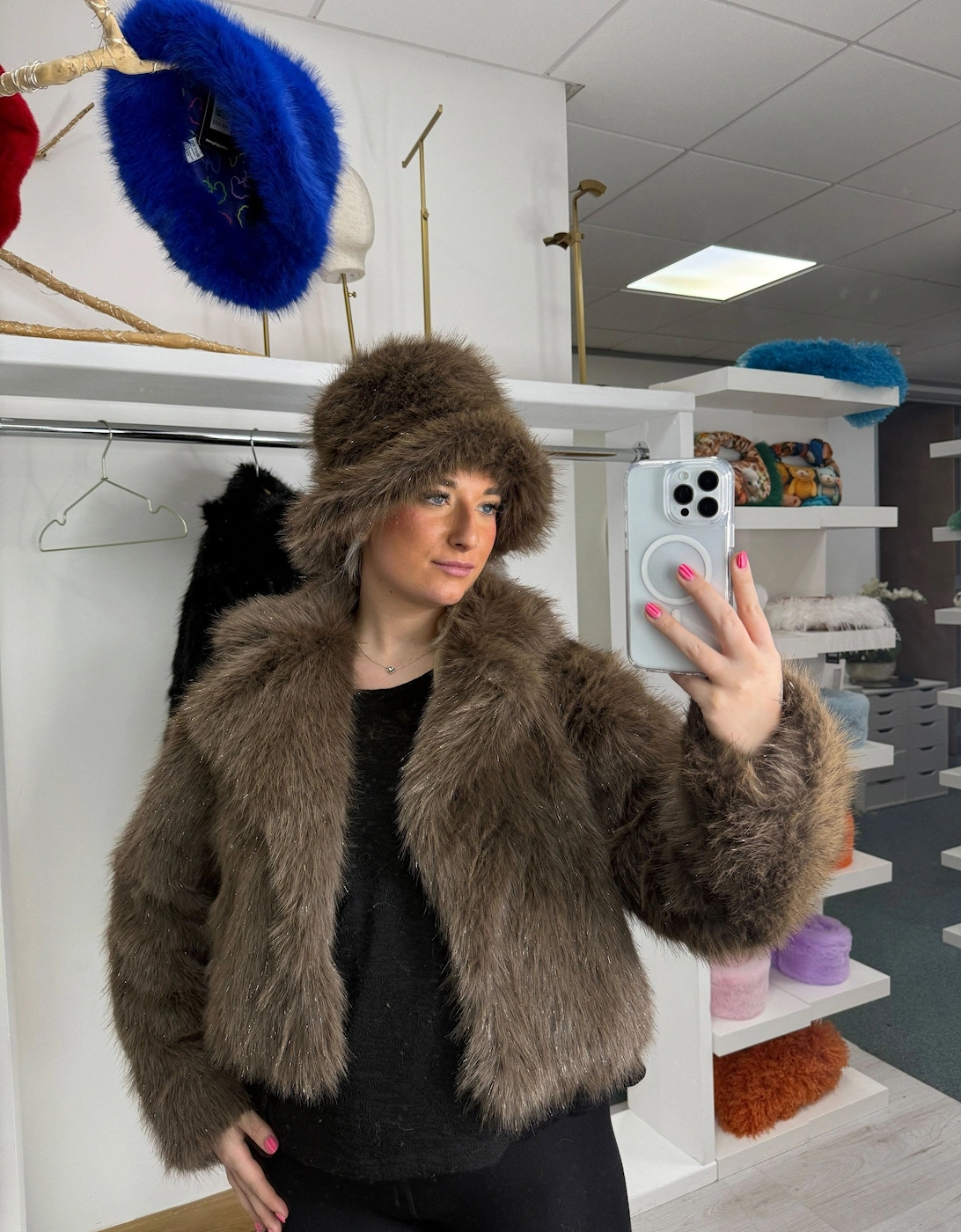 Brown Bamboo Sparkle Faux Fur Jacket