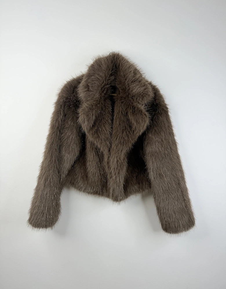 Brown Bamboo Sparkle Faux Fur Jacket