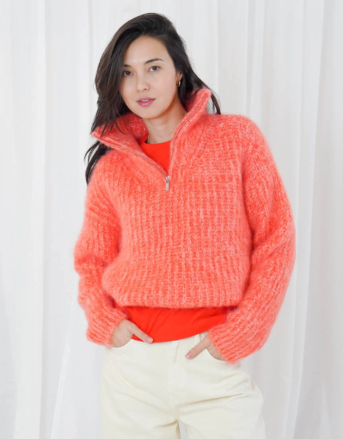 Arana Oversized Long-Sleeve Half-Zip Funnel-Neck Sweater - Fire Snow