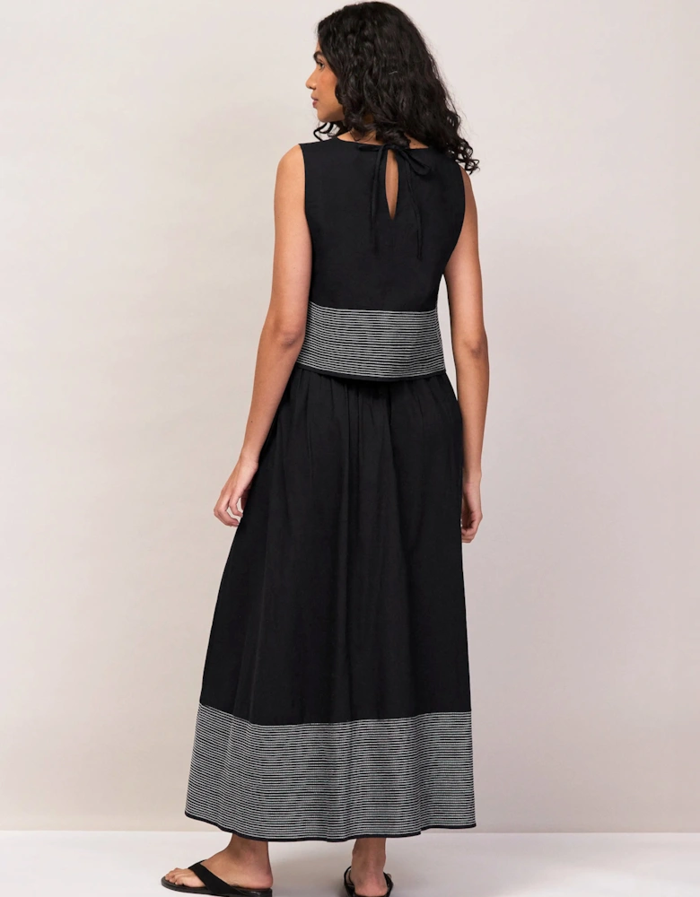 Black Cotton Contrast-Stitch Maxi Skirt