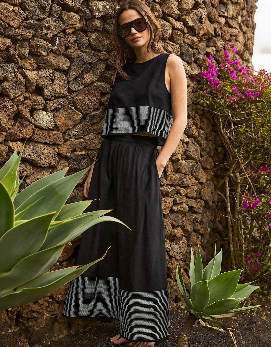 Black Cotton Contrast-Stitch Maxi Skirt