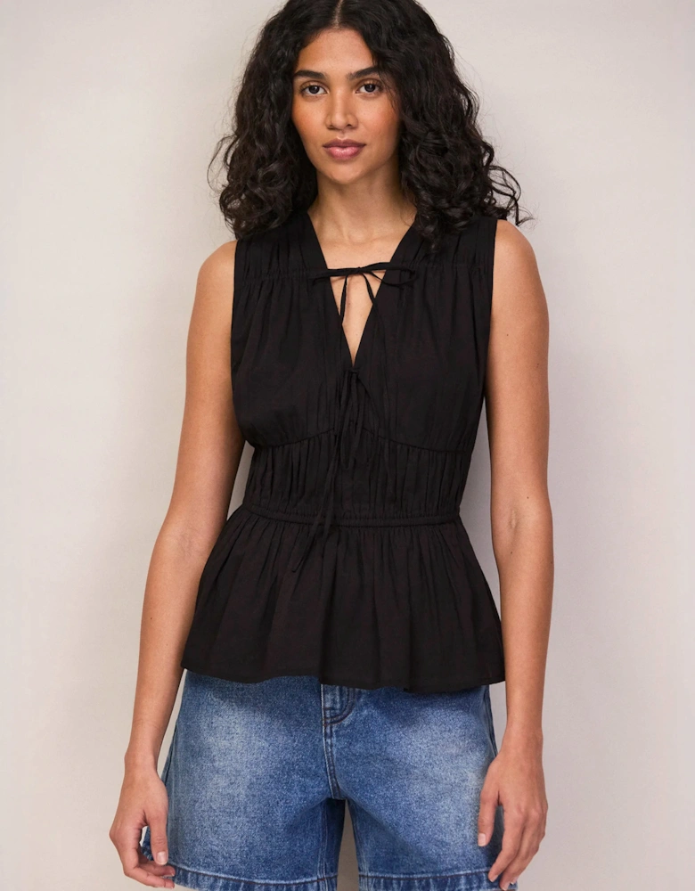 Black Cotton-Voile Tie Front Top