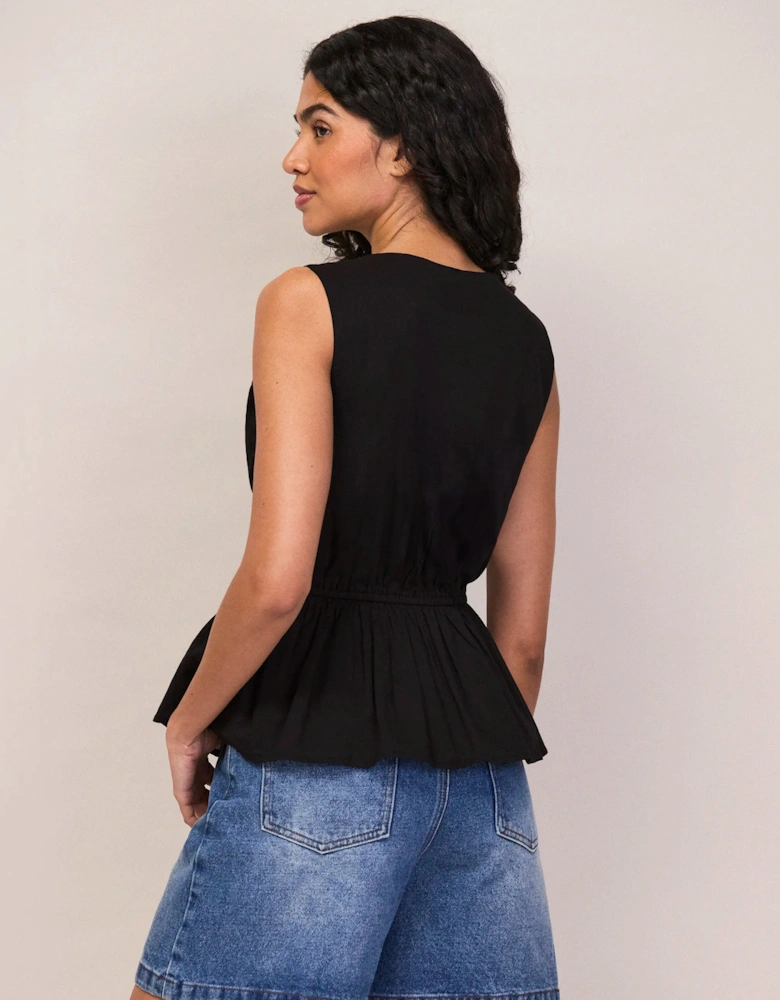 Black Cotton-Voile Tie Front Top
