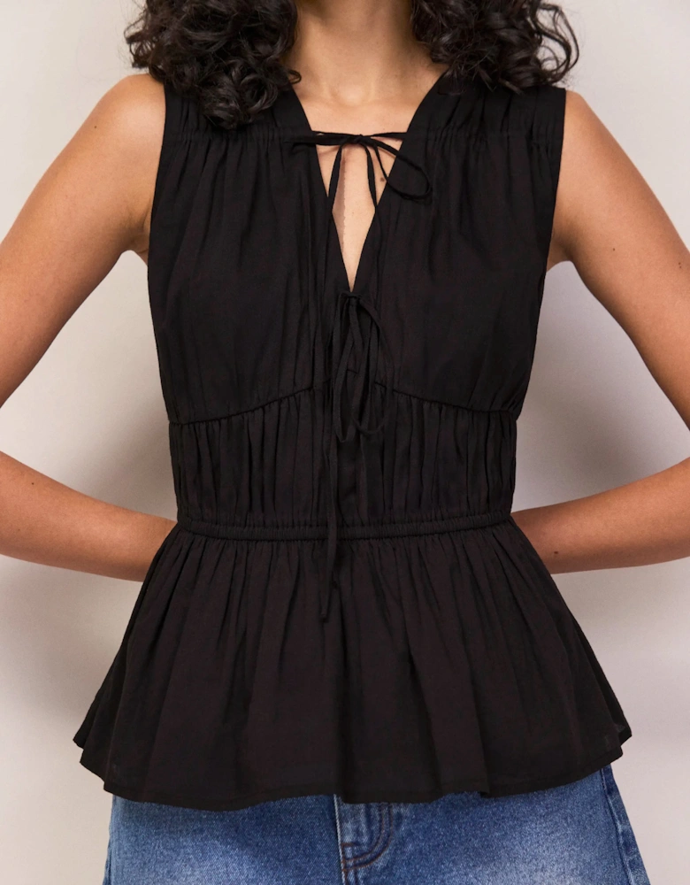 Black Cotton-Voile Tie Front Top