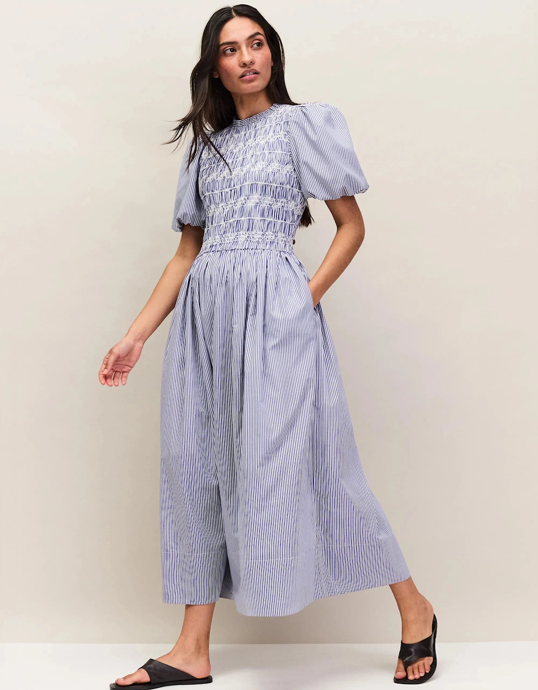 Blue Stripe Shirred Bodice Dress