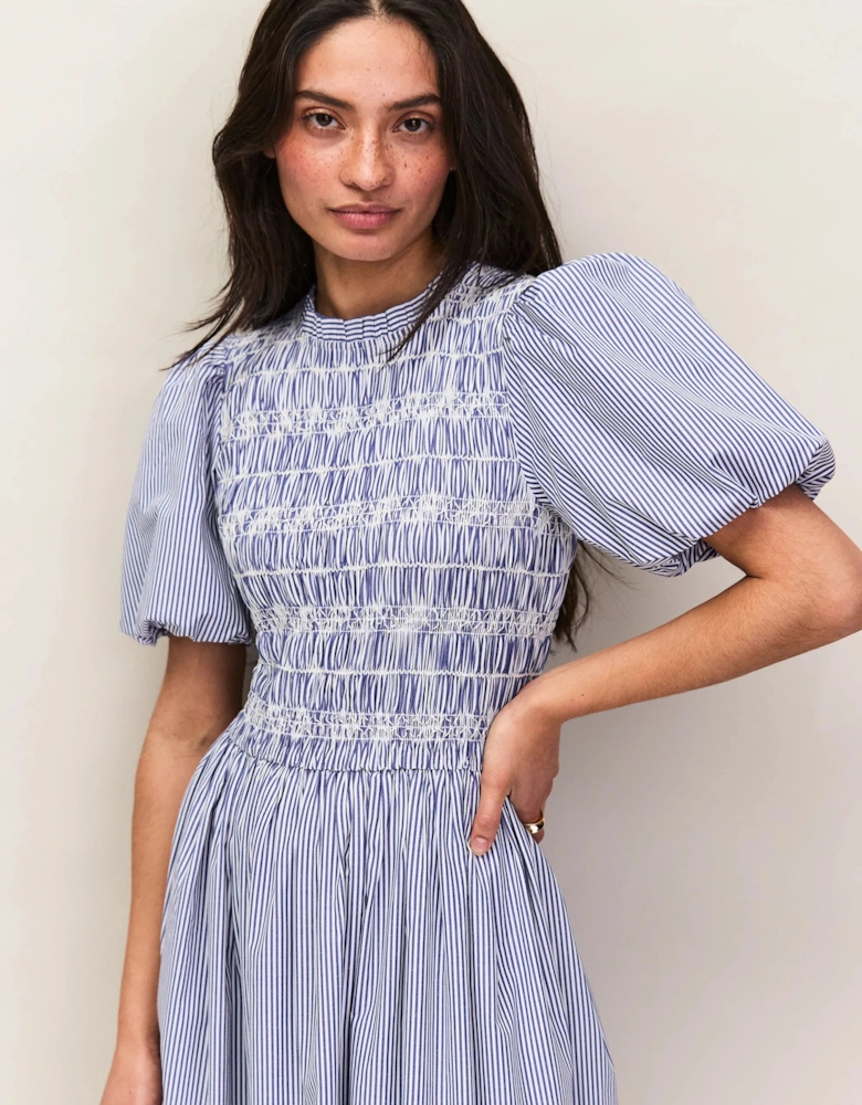 Blue Stripe Shirred Bodice Dress