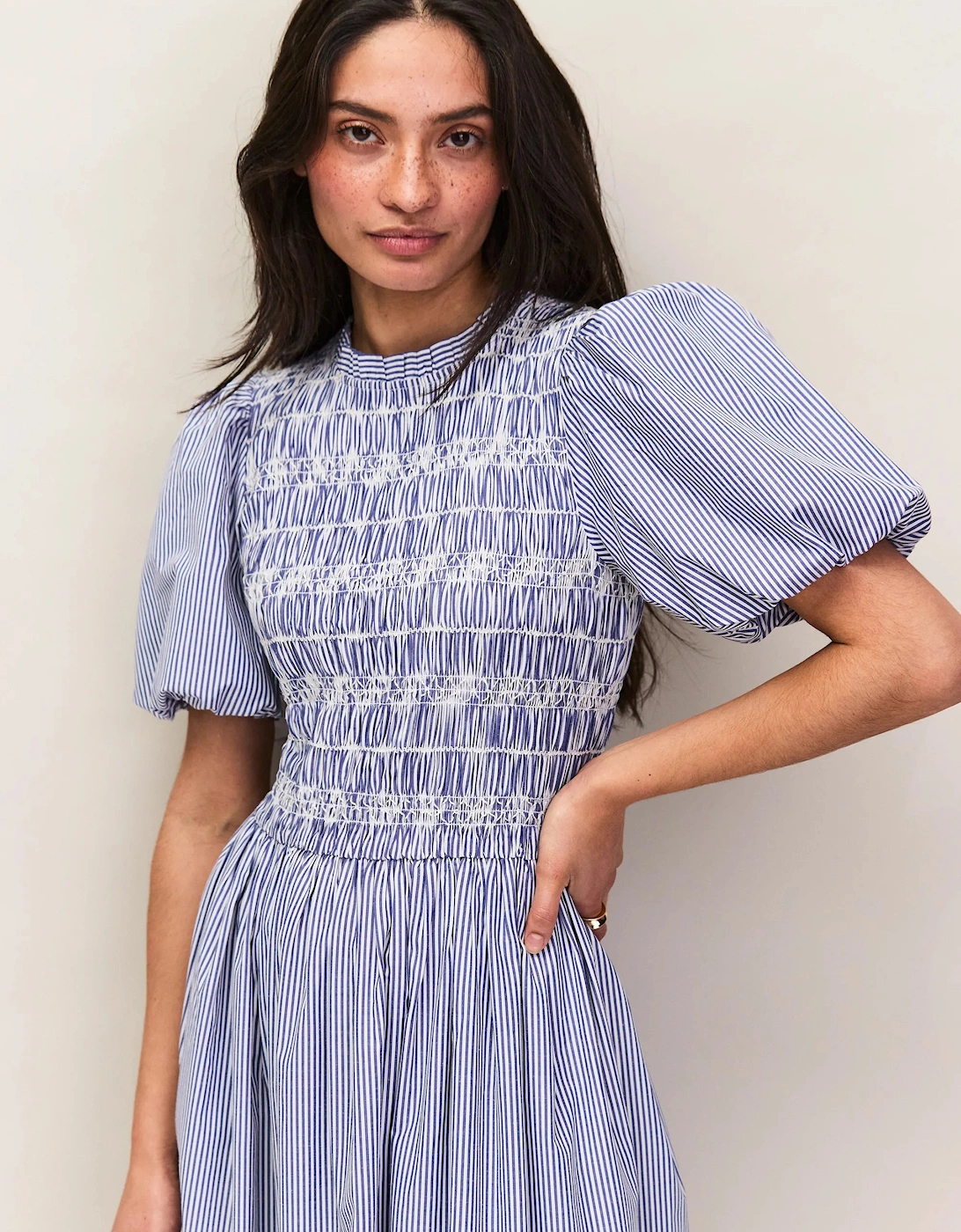 Blue Stripe Shirred Bodice Dress