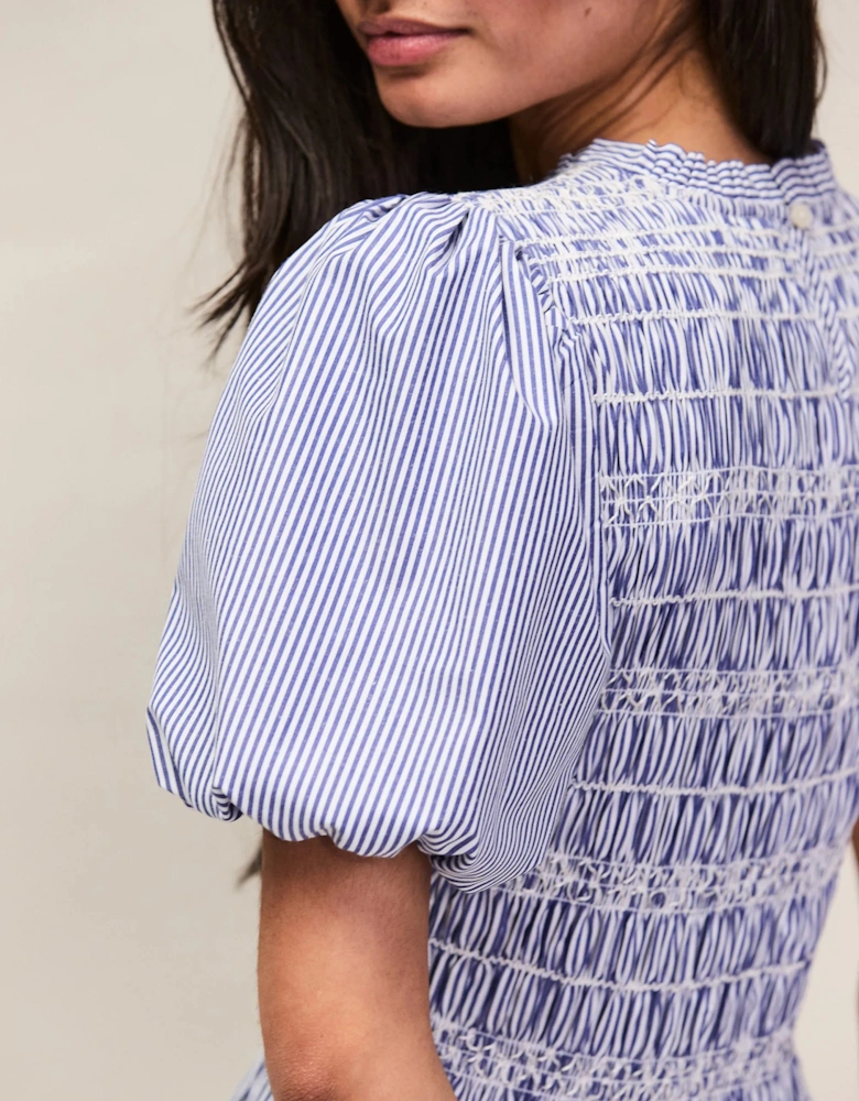 Blue Stripe Shirred Bodice Dress