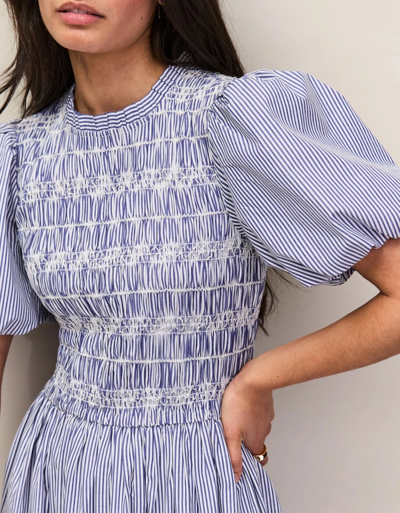 Blue Stripe Shirred Bodice Dress
