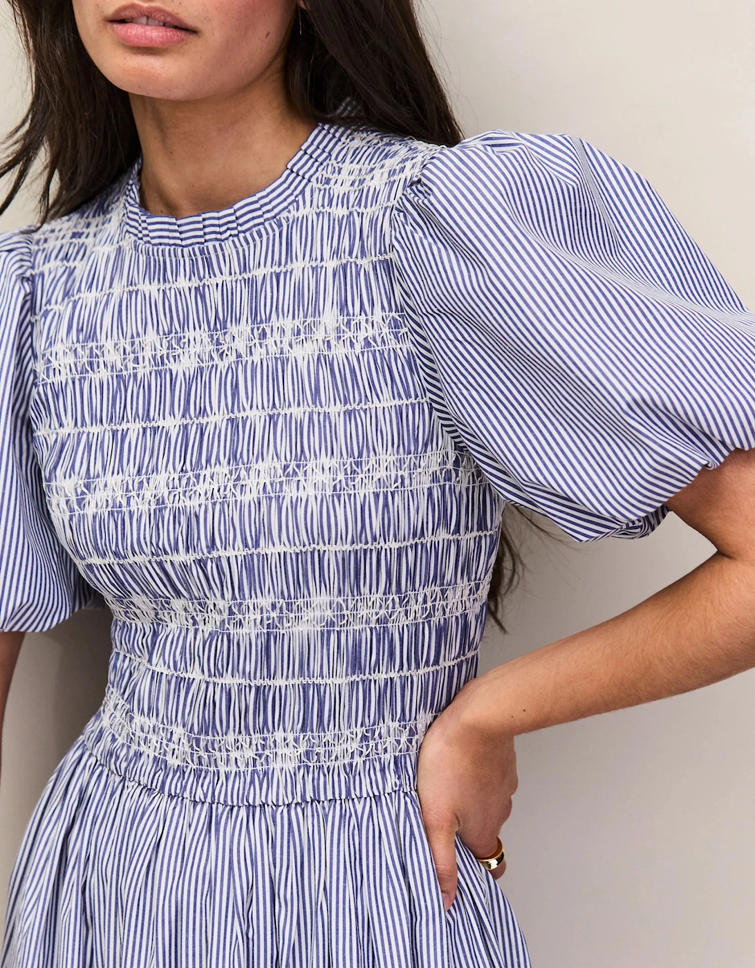 Blue Stripe Shirred Bodice Dress