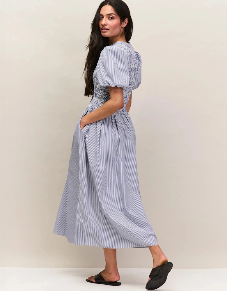 Blue Stripe Shirred Bodice Dress