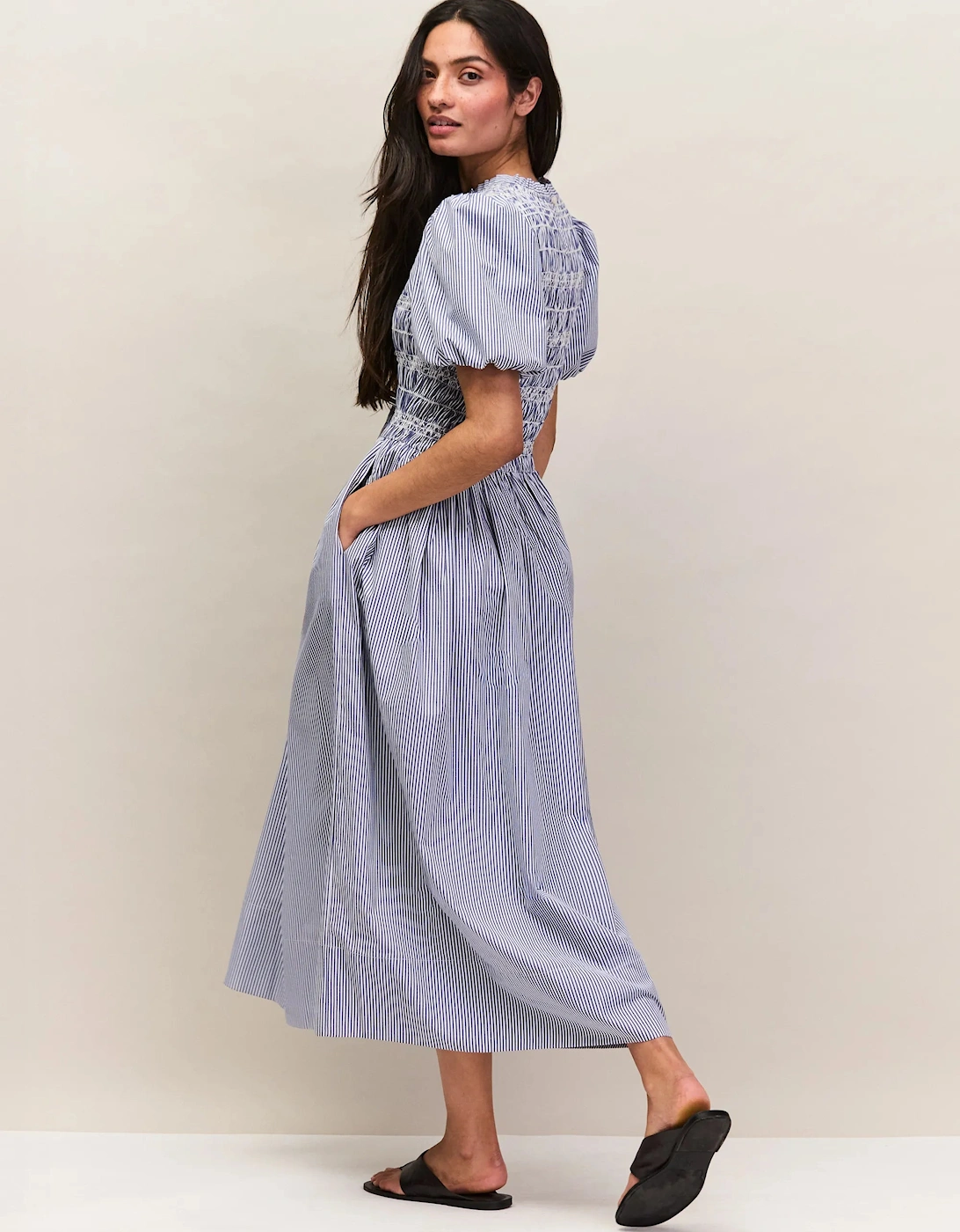 Blue Stripe Shirred Bodice Dress