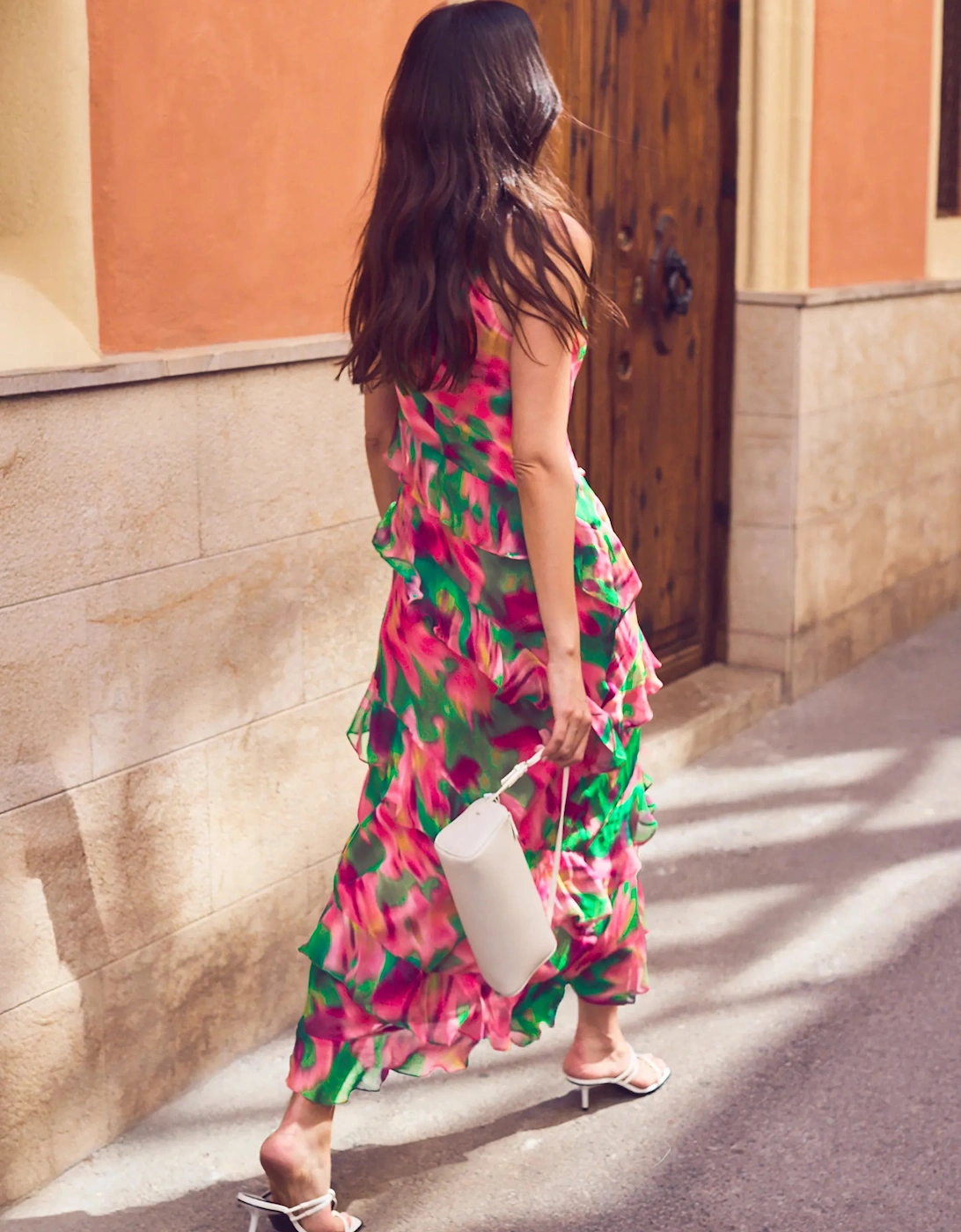 Petite Layla Pink Blurred Floral Ruffle Dress