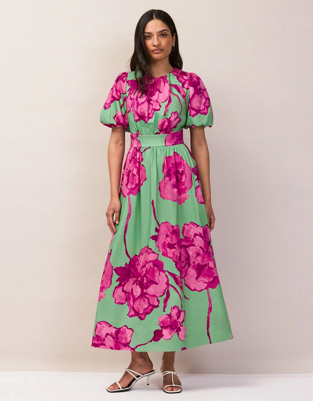 Petite Seraphina Pink And Green Floral Puff Sleeve Dress