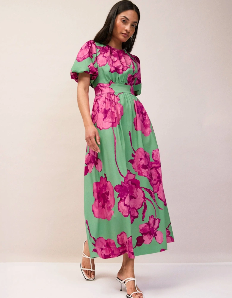 Petite Seraphina Pink And Green Floral Puff Sleeve Dress