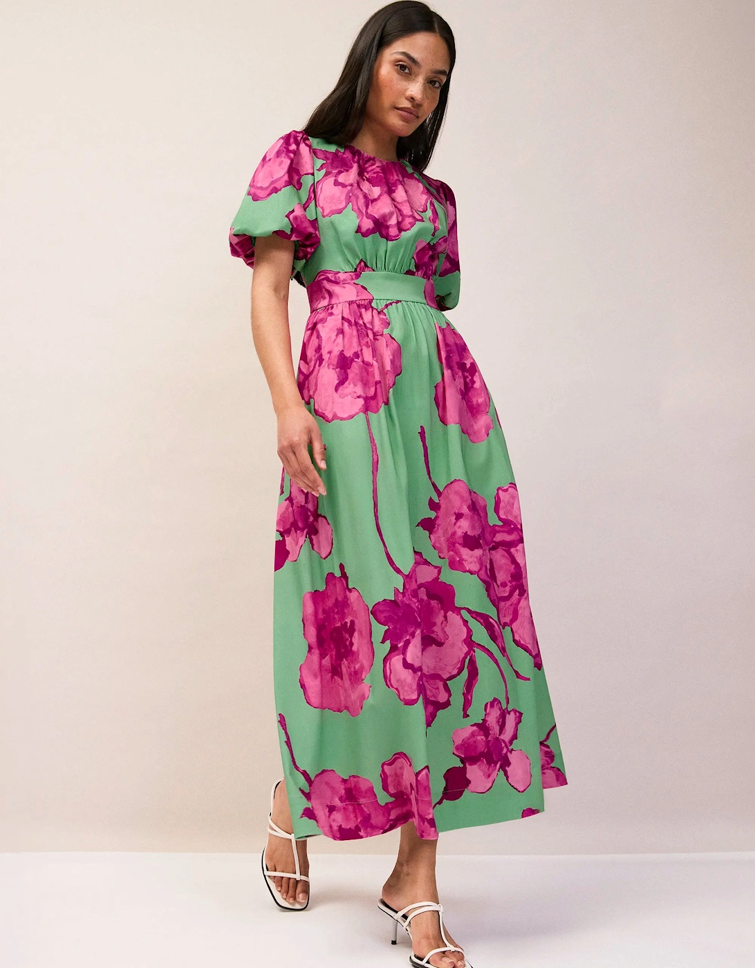Petite Seraphina Pink And Green Floral Puff Sleeve Dress