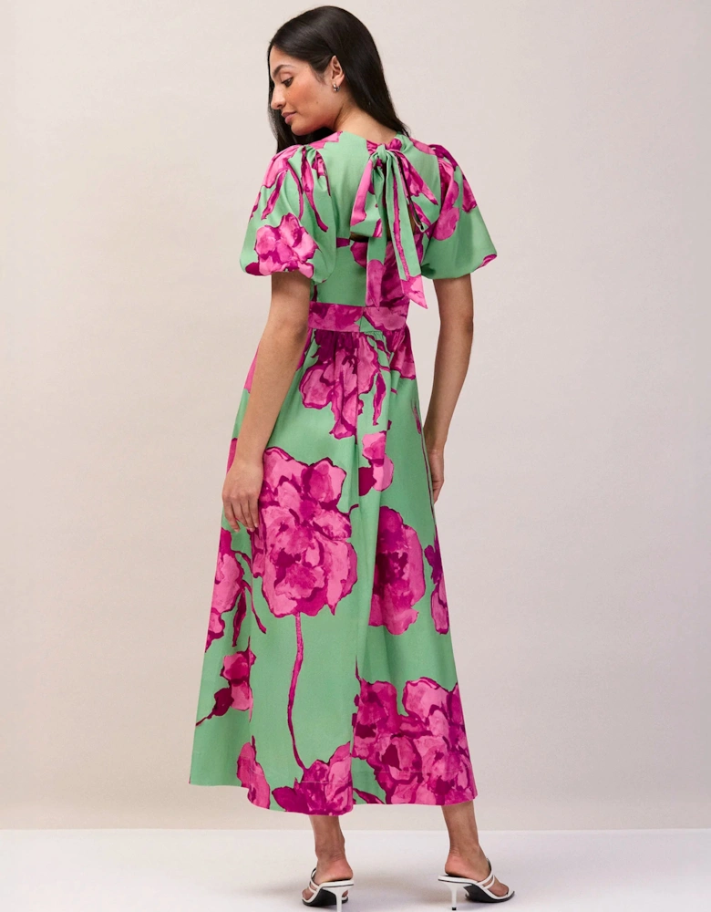 Petite Seraphina Pink And Green Floral Puff Sleeve Dress