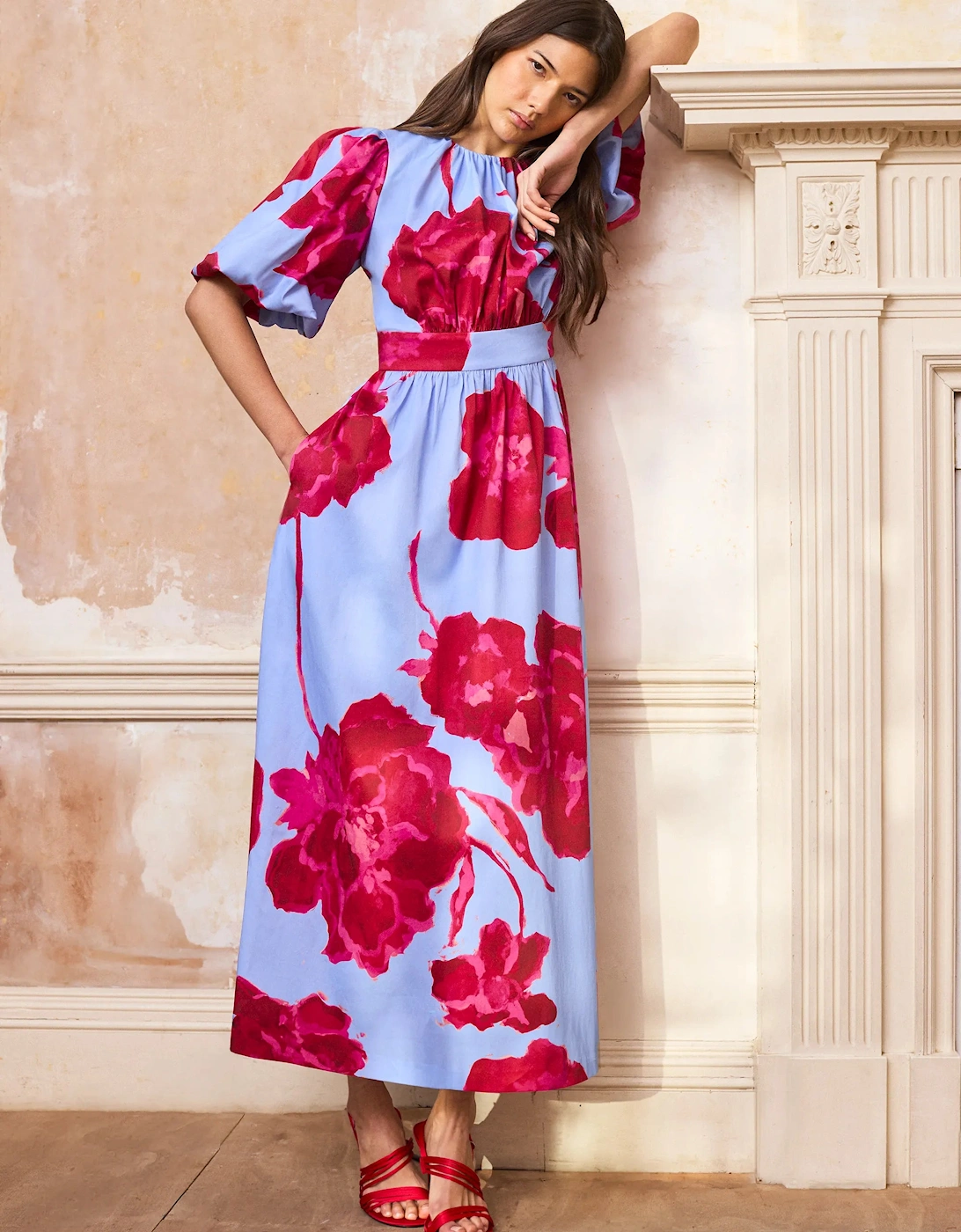 Petite Seraphina Pink And Blue Floral Puff Sleeve Dress