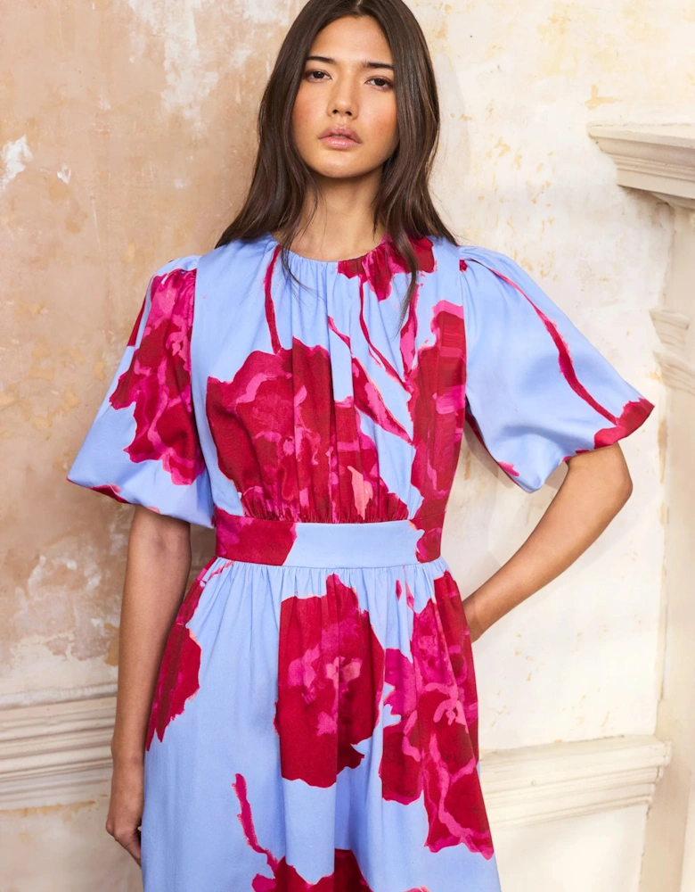 Petite Seraphina Pink And Blue Floral Puff Sleeve Dress