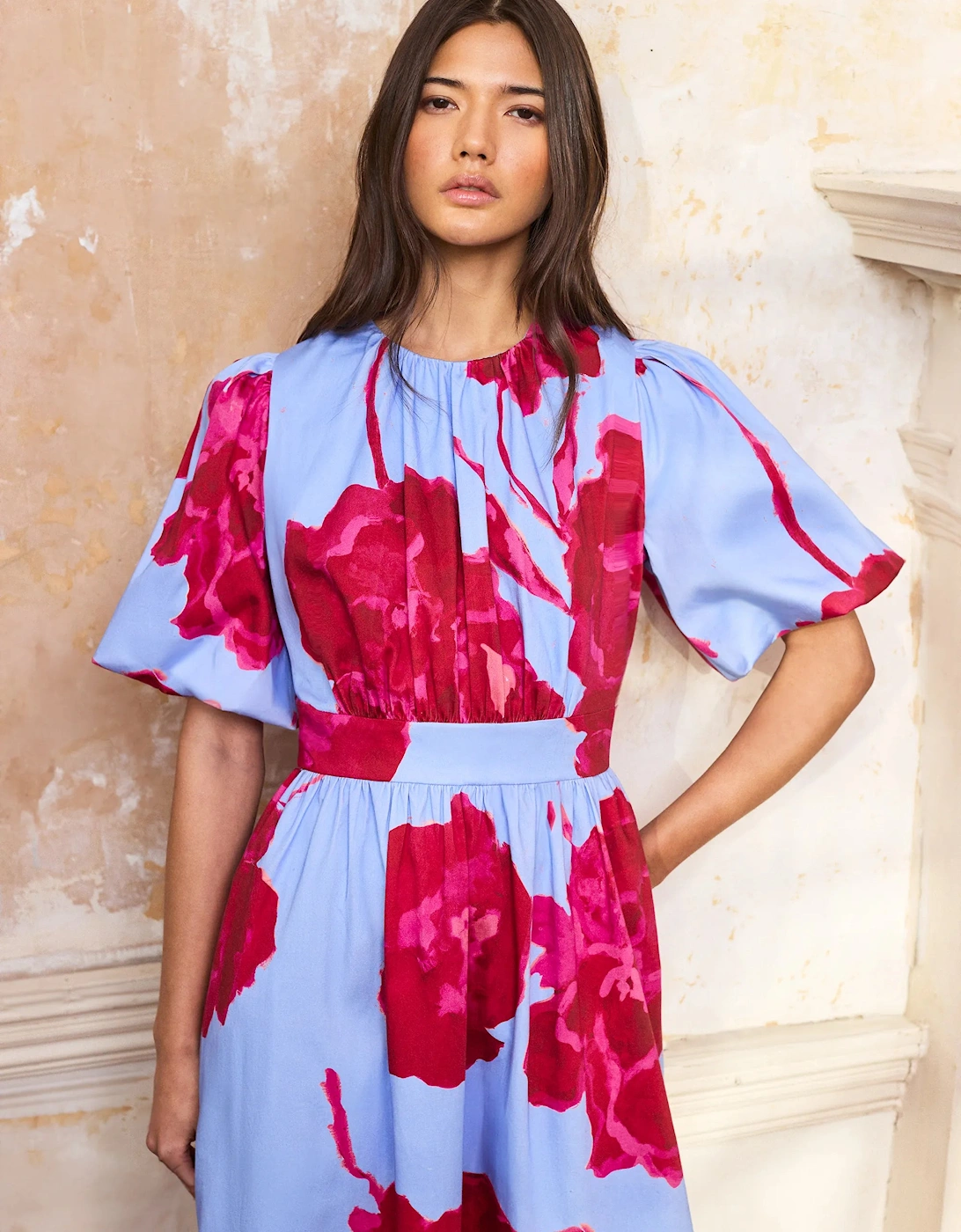 Petite Seraphina Pink And Blue Floral Puff Sleeve Dress