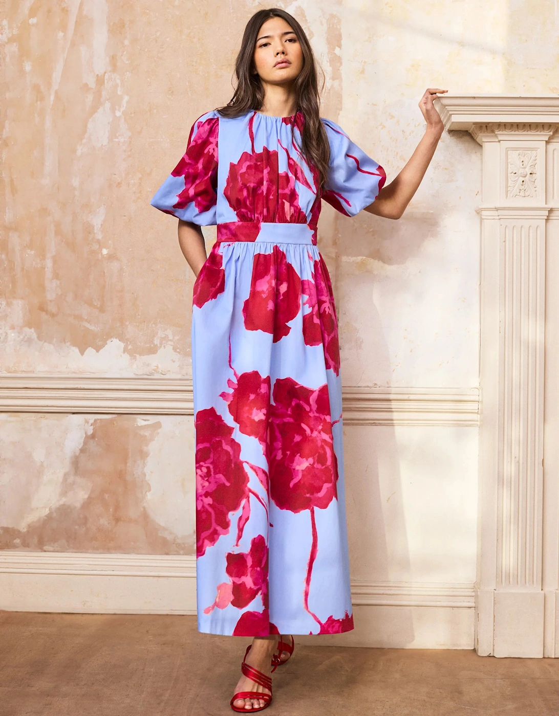 Petite Seraphina Pink And Blue Floral Puff Sleeve Dress