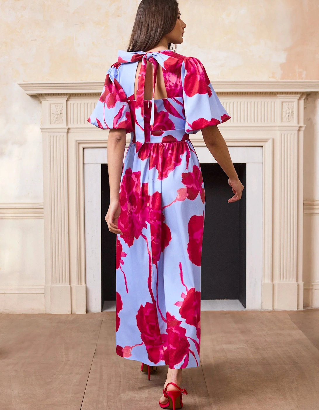 Petite Seraphina Pink And Blue Floral Puff Sleeve Dress