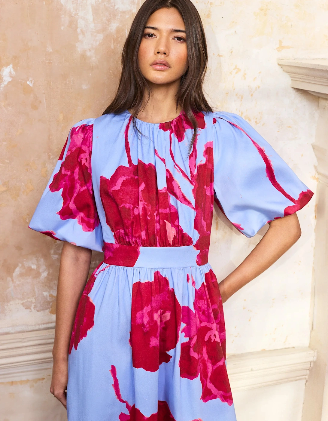 Seraphina Pink And Blue Floral Puff Sleeve Dress