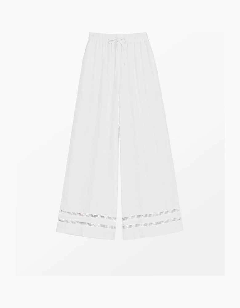 Petite White Linen-Blend Ladder-Trim Wide-Leg Trousers