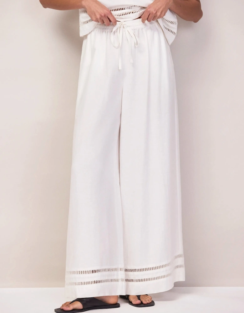 Petite White Linen-Blend Ladder-Trim Wide-Leg Trousers