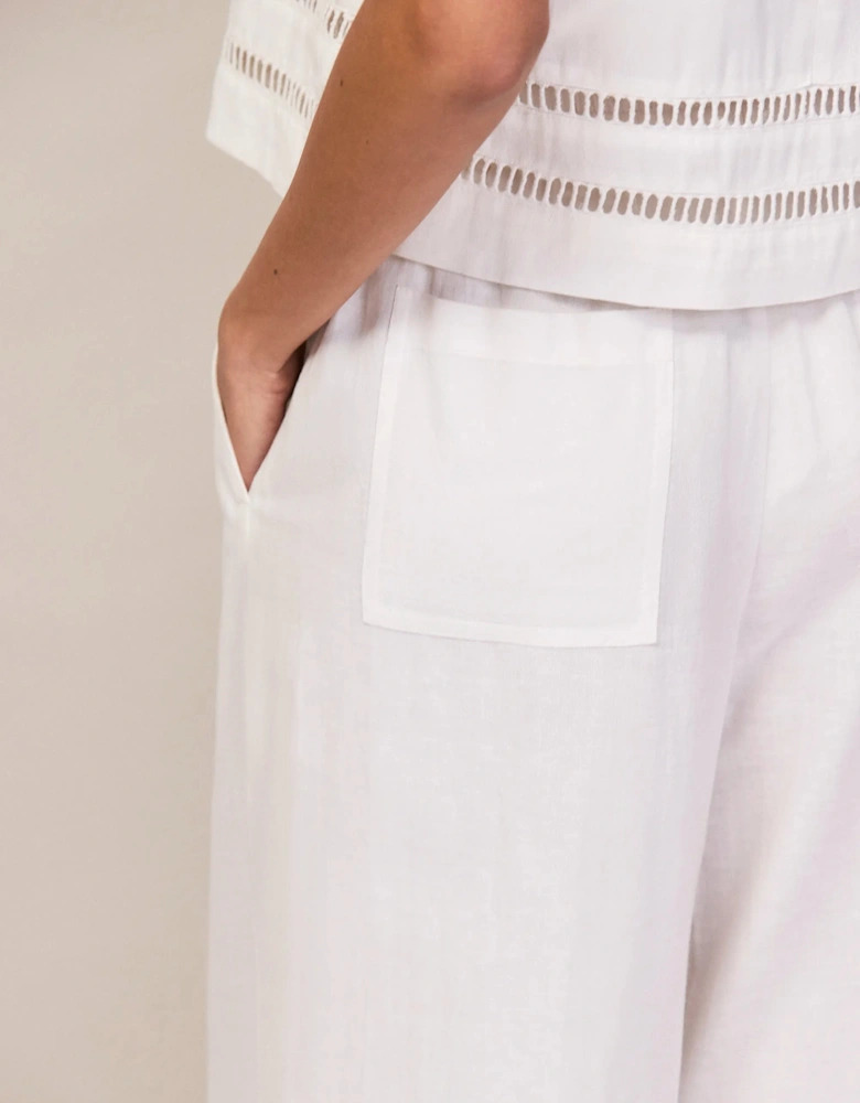 Petite White Linen-Blend Ladder-Trim Wide-Leg Trousers
