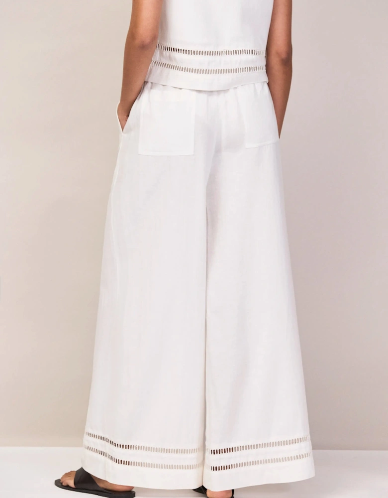 Petite White Linen-Blend Ladder-Trim Wide-Leg Trousers