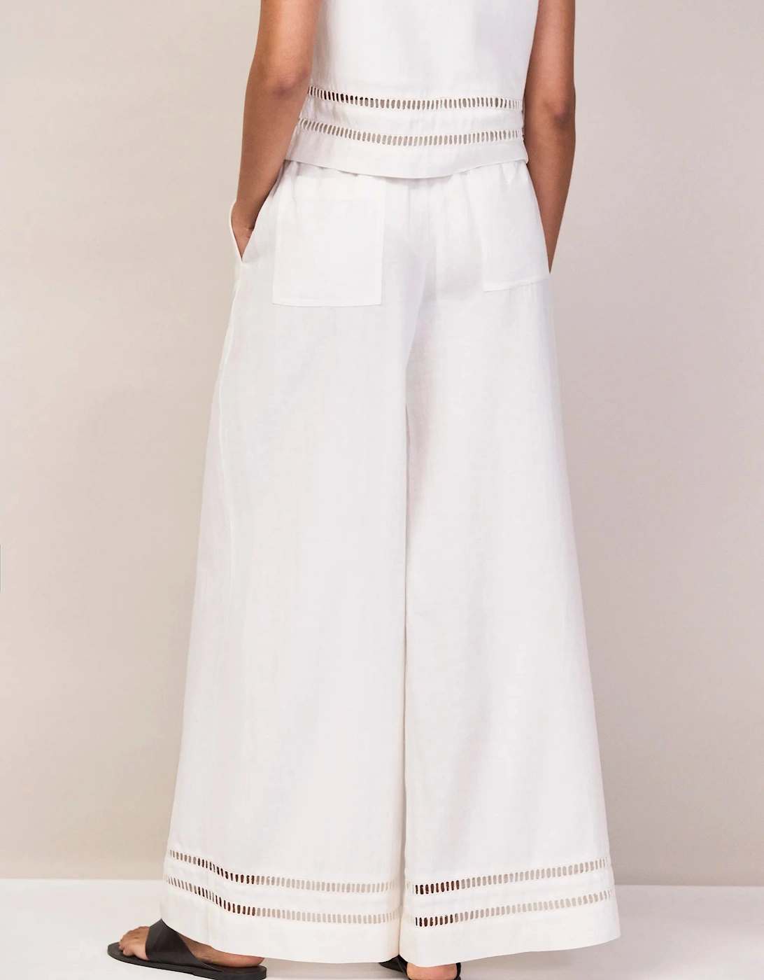 Petite White Linen-Blend Ladder-Trim Wide-Leg Trousers