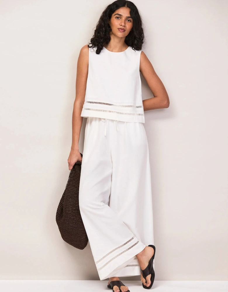 Petite White Linen-Blend Ladder-Trim Wide-Leg Trousers